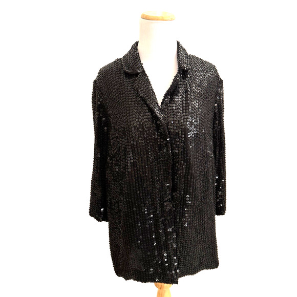 Lew Magram Black Sequins Evening Jacket XL 1-Button 3/4 Sleeves Lined Festive